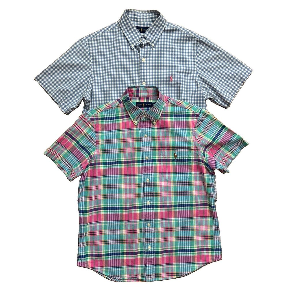 Lot of 2 Polo Ralph Lauren Shirts Mens M Plaid Gingham Short Sleeve Button Up